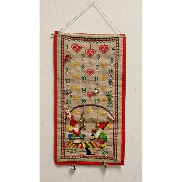 Embroidered Cross Stitch Christmas Advent Calendar 10 Ornaments Used - Picture 1 of 10